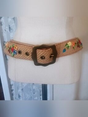 Lucky Brand Jute With Genuine Leather Brass Buckle Floral Owl Print Women’s Belt